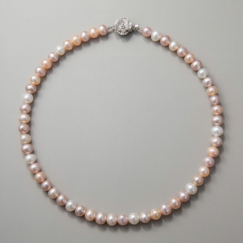 淡水真珠 パールネックレス マルチカラー系(ナチュラル) 7.5-8.0mm A～BB～C セミラウンド～セミポテト バラクラスプ (silver) [n2][人気 ロングセラー]（本真珠 ネックレス）（フォーマル パーティ 入学式）
