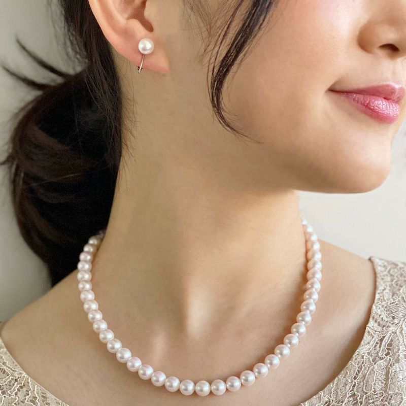 《隣と差がつく》 あこや真珠 パールネックレス＆ピアス 2点セット 7.5-8.0mm BBB～C  真珠ピアス イヤリング [n2][人気 ロングセラー]（真珠ネックレス パール アコヤ本真珠）（冠婚葬祭 フォーマル 入学式 卒業式 成人式）