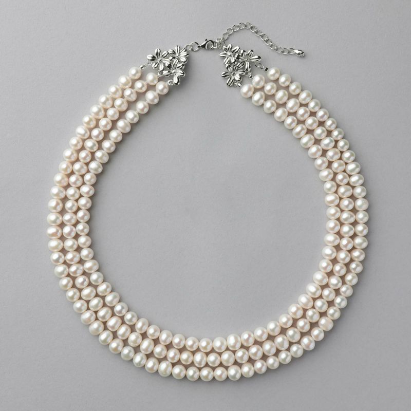淡水真珠 3連ネックレス ジャッキーパール風 ホワイト系 6.5-7.0mm B～CC ポテト アジャスタークラスプ(silver) [n3](真珠 ネックレス）（パーティ フォーマル おしゃれ）6月誕生石