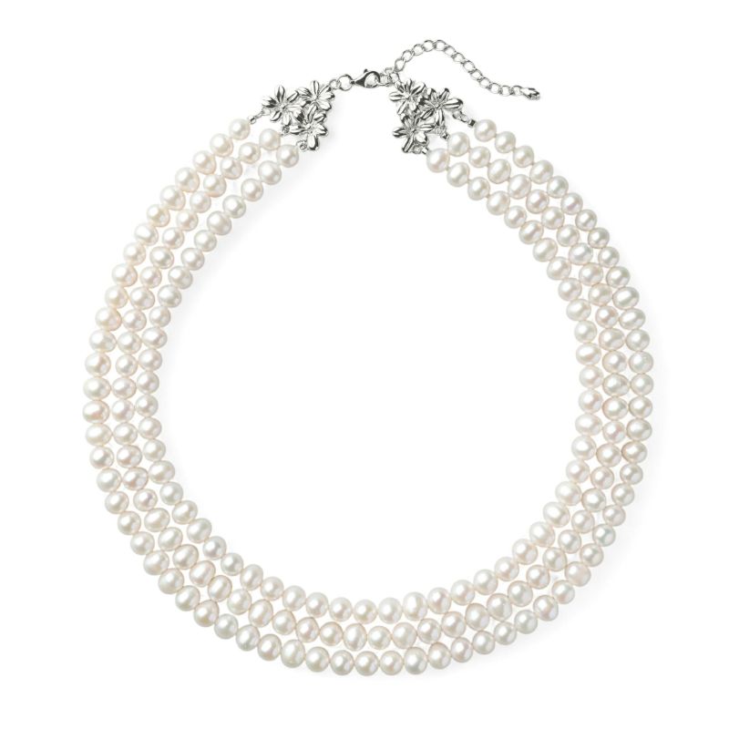 淡水真珠 3連ネックレス ジャッキーパール風 ホワイト系 6.5-7.0mm B～CC ポテト アジャスタークラスプ(silver) [n3](真珠 ネックレス）（パーティ フォーマル おしゃれ）6月誕生石