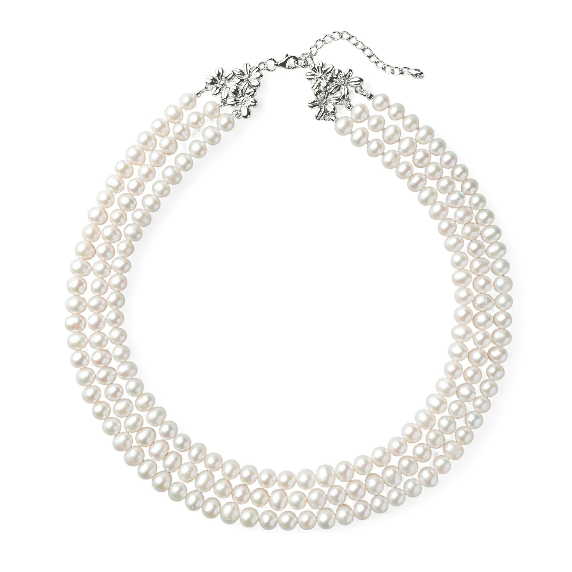 淡水真珠 3連ネックレス ジャッキーパール風 ホワイト系 6.5-7.0mm B～CC ポテト アジャスタークラスプ(silver) [n3](真珠 ネックレス）（パーティ フォーマル おしゃれ）6月誕生石