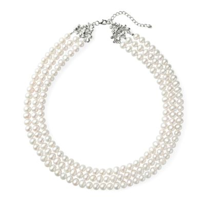 淡水真珠 3連ネックレス ジャッキーパール風 ホワイト系 6.5-7.0mm B～CC ポテト アジャスタークラスプ(silver) [n3](真珠 ネックレス）（パーティ フォーマル おしゃれ）6月誕生石