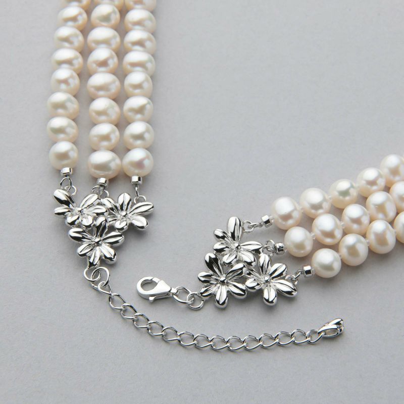 淡水真珠 3連ネックレス ジャッキーパール風 ホワイト系 6.5-7.0mm B～CC ポテト アジャスタークラスプ(silver) [n3](真珠 ネックレス）（パーティ フォーマル おしゃれ）6月誕生石