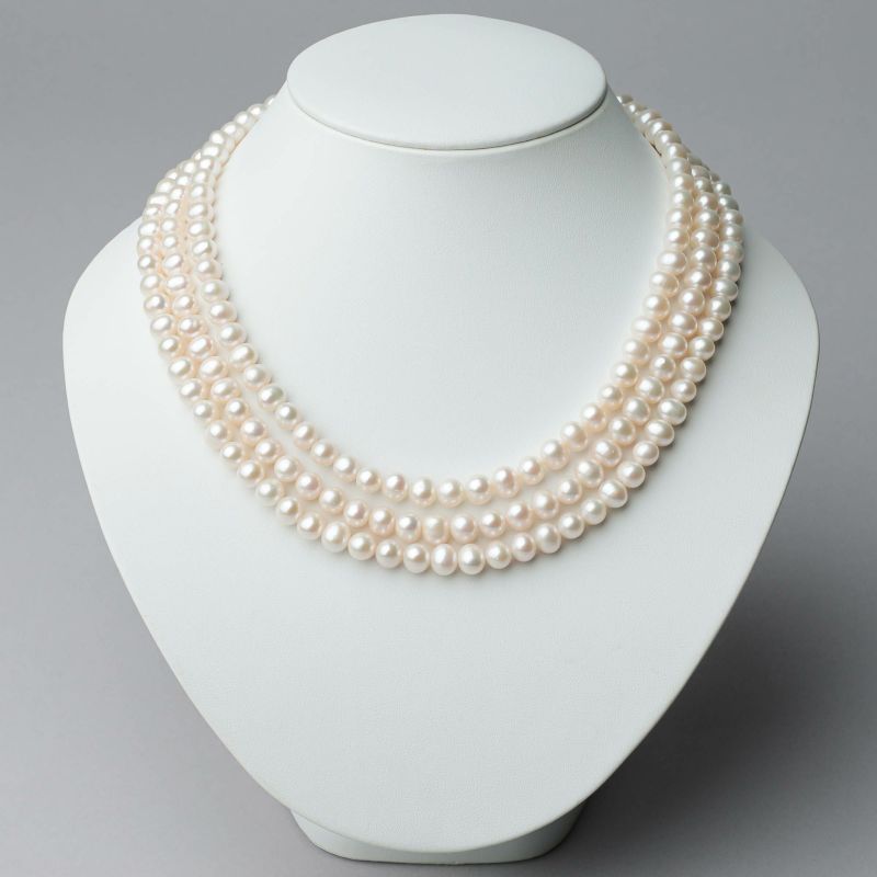淡水真珠 3連ネックレス ジャッキーパール風 ホワイト系 6.5-7.0mm B～CC ポテト アジャスタークラスプ(silver) [n3](真珠 ネックレス）（パーティ フォーマル おしゃれ）6月誕生石