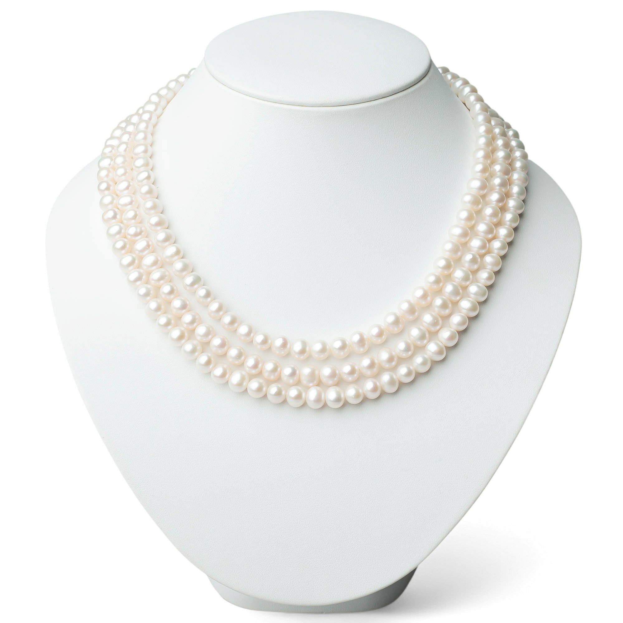 淡水真珠 3連ネックレス ジャッキーパール風 ホワイト系 6.5-7.0mm B～CC ポテト アジャスタークラスプ(silver) [n3](真珠 ネックレス）（パーティ フォーマル おしゃれ）6月誕生石