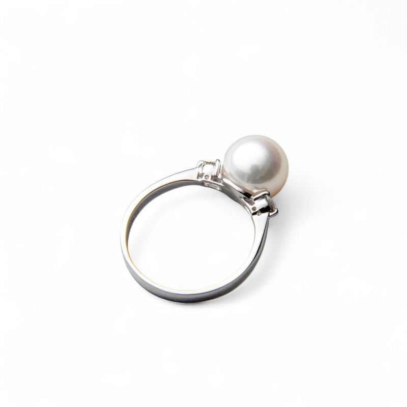 オーロラ花珠真珠 鑑別書付 シンプル2石ダイヤ パールリング（指輪） ホワイト系 8.5-9.0mm AAA Pt900 プラチナ 0.15ct [n3]［51-2581］[人気 ロングセラー]（あこや本真珠 リング）（冠婚葬祭 フォーマル）