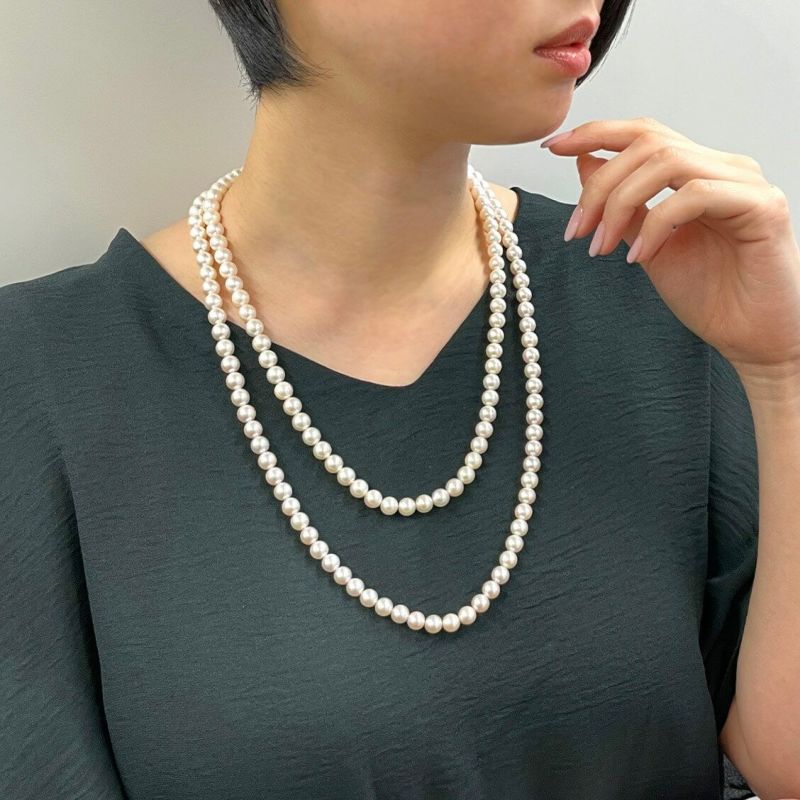 あこや真珠 ロングパールネックレス 120cm ホワイト系 7.5-8.0mm B～CB～CB～C  ラウンド～セミラウンド クラスプなし [n2][120cm ロング]（真珠 ネックレス）（フォーマル パーティ 入学式 卒業式）