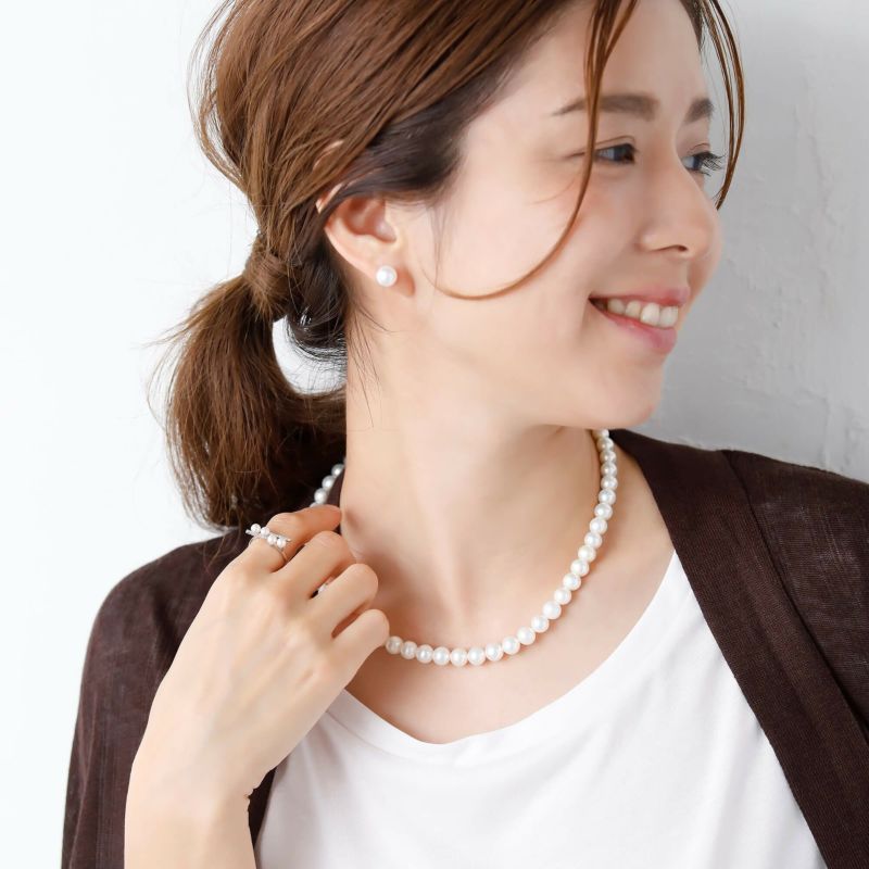 淡水パール ネックレス&ピアス(イヤリング) 2点セット ホワイト系 7.5-8.0mm/8.0-8.5mm BB～C ポテト/ラウンド  [n2][人気 ロングセラー]（真珠ネックレス パールネックレス 本真珠）（冠婚葬祭 フォーマル 入学式 卒業式 成人式）