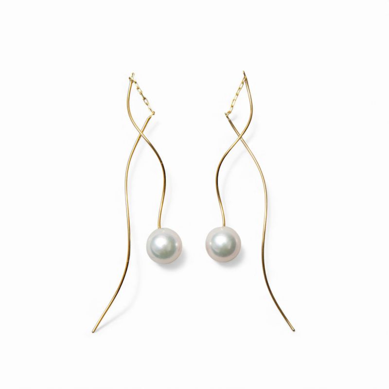 トレンド感たっぷりの新デザイン登場☆あこや真珠 ウェーブデザイン パールピアス ～Foglia(フォリア)～ ホワイト系 7.5-8.0mm K14WG/K18YG/K18PG [n4]6月誕生石