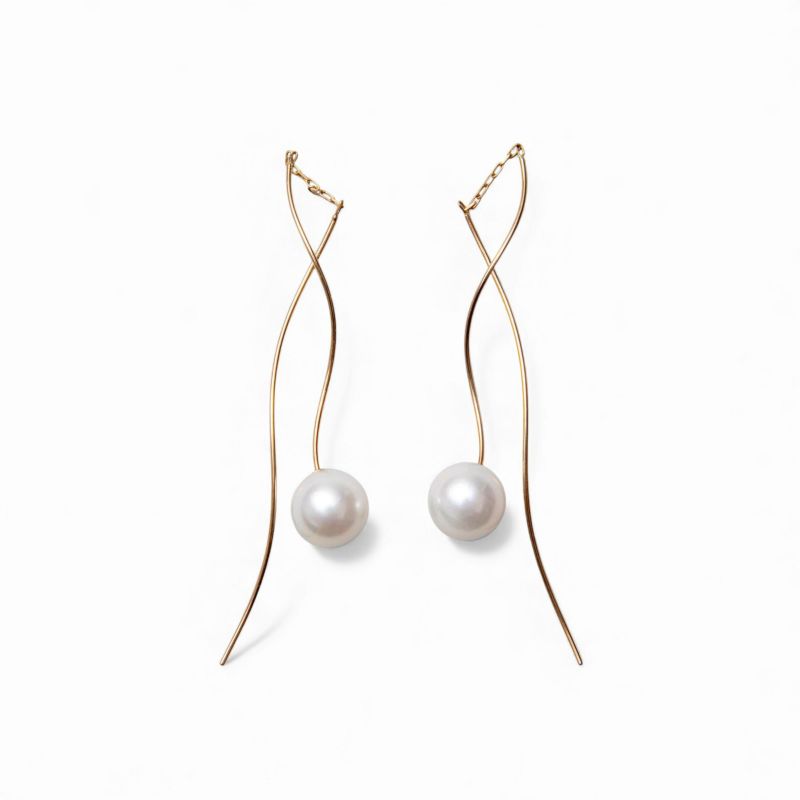 トレンド感たっぷりの新デザイン登場☆あこや真珠 ウェーブデザイン パールピアス ～Foglia(フォリア)～ ホワイト系 7.5-8.0mm K14WG/K18YG/K18PG [n4]6月誕生石