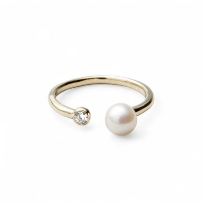 【受注発注品】あこや真珠 パール×ダイヤ フォークリング ～Carina(カリーナ)～ ホワイト系 5.5-6.0mm K18WG/K18 ホワイトゴールド 18金 0.05ct [n6]（パールリング）(大人可愛い おしゃれ）6月誕生石