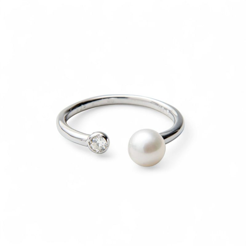 【受注発注品】あこや真珠 パール×ダイヤ フォークリング ～Carina(カリーナ)～ ホワイト系 5.5-6.0mm K18WG/K18 ホワイトゴールド 18金 0.05ct [n6]（パールリング）(大人可愛い おしゃれ）6月誕生石