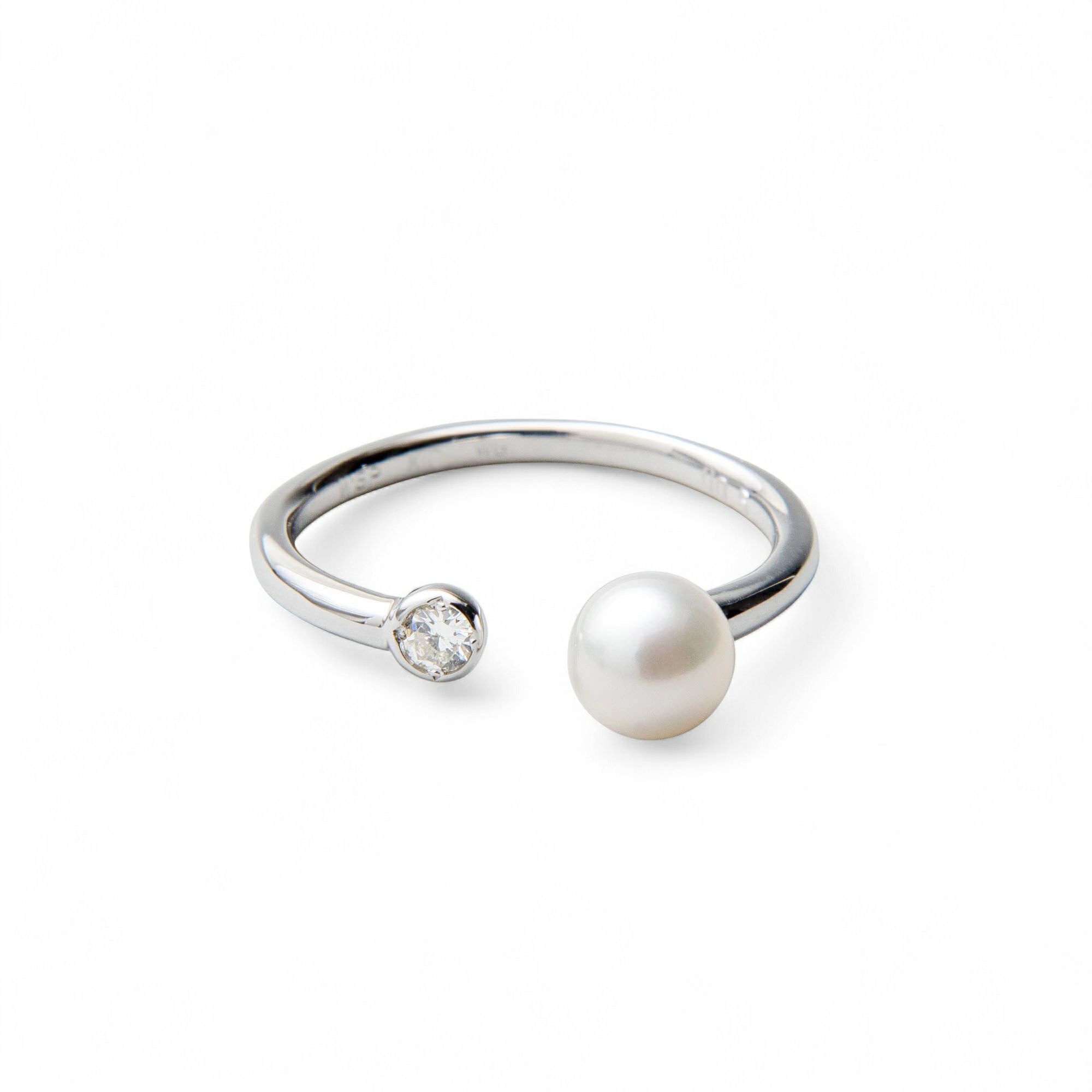 【受注発注品】あこや真珠 パール×ダイヤ フォークリング ～Carina(カリーナ)～ ホワイト系 5.5-6.0mm K18WG/K18 ホワイトゴールド 18金 0.05ct [n6]（パールリング）(大人可愛い おしゃれ）6月誕生石