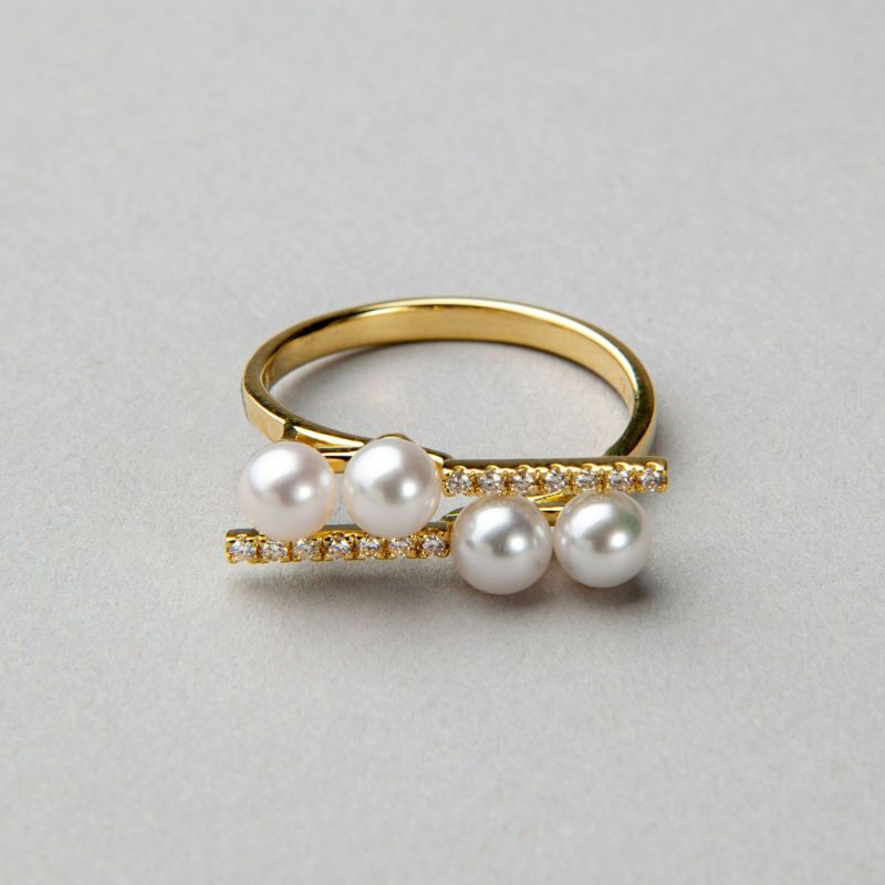 あこや真珠 スタイリッシュ ダイヤ パールリング（指輪） ホワイト系 4.0-4.5mm BBB  K18WG/K18 ホワイトゴールド 18金 0.09ct [n5]（本真珠 リング）（大人カジュアル おしゃれ）