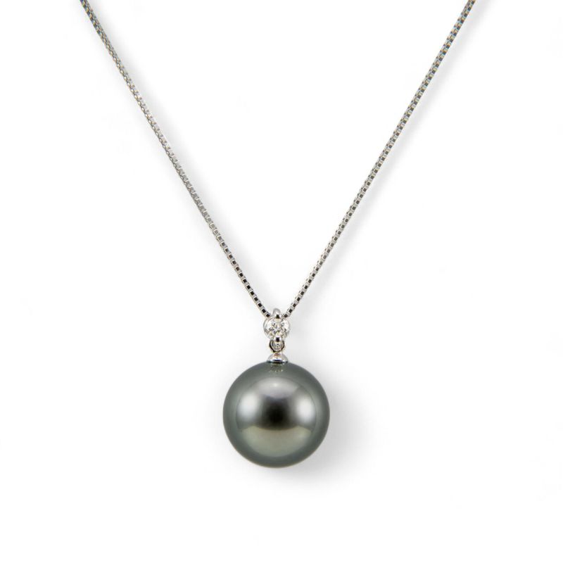 タヒチ黒蝶真珠 ネックレスパールペンダント（チェーン付） グリーン系 11mmUP A～BAC  K18WGホワイトゴールド（本真珠・黒真珠）[Tahitian] [タヒチアンパール][n4]