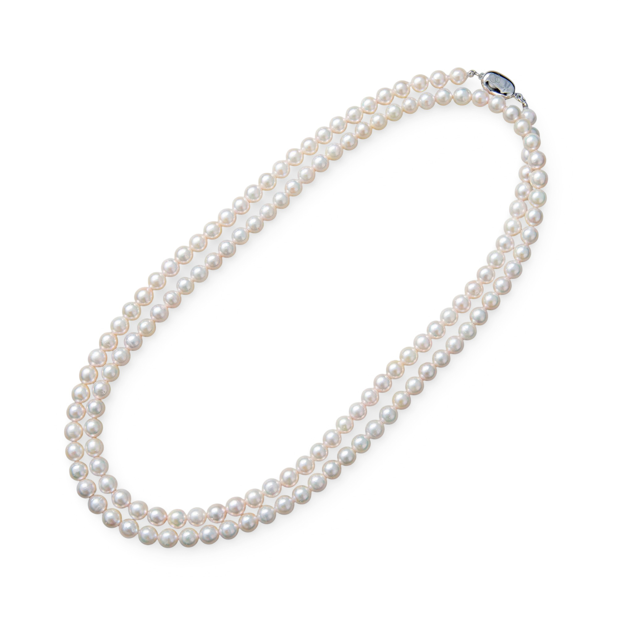あこや真珠 パールロングネックレス ホワイト系 5.5-6.0mm BB～CC  ラウンド～セミラウンド ビーンズクラスプ（silver）[n2][80cm ロング] （アコヤ本真珠）