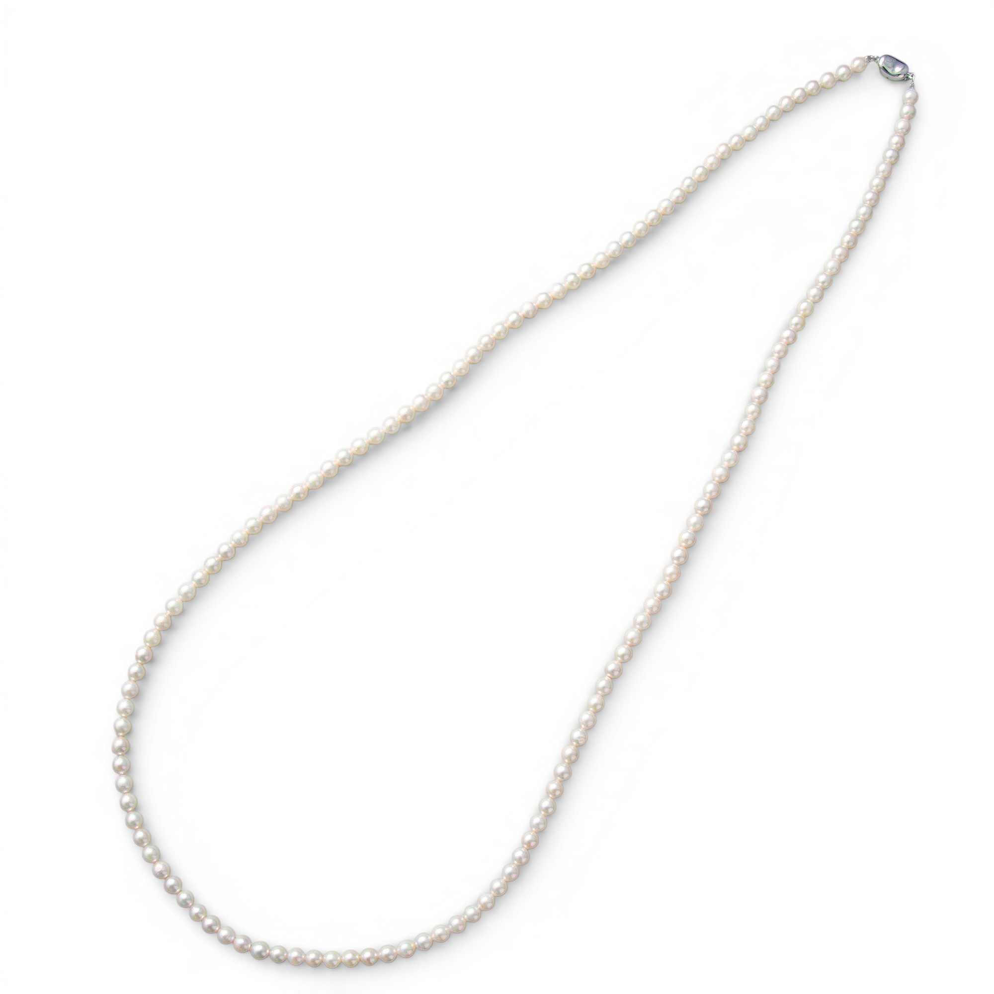 あこや真珠 パールロングネックレス ホワイト系 5.5-6.0mm BB～CC  ラウンド～セミラウンド ビーンズクラスプ（silver）[n2][80cm ロング] （アコヤ本真珠）
