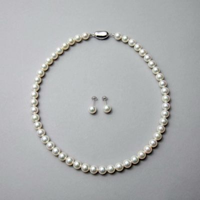 あこや真珠(無調色) [準花珠鑑別書付] 2点セットパールネックレス ナチュラルホワイト系 8.0-8.5mm AAA～B  ラウンド～セミラウンド ビーンズクラスプ（silver） シルバー（アコヤ本真珠）[n2]