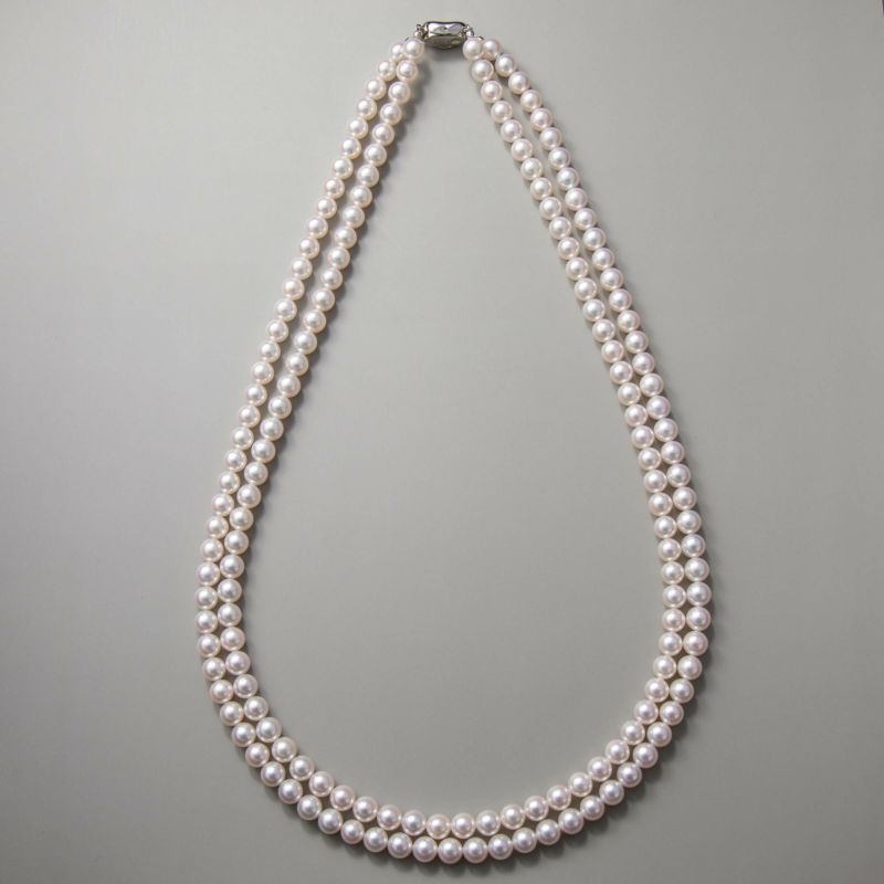あこや本真珠 2連パールネックレス パールホワイト系 7.0-7.5mm [60cmロング] AAB ラウンド ビーンズクラスプ（silver）[n2]（アコヤ本真珠 入学式　結婚式 パーティ フォーマル）
