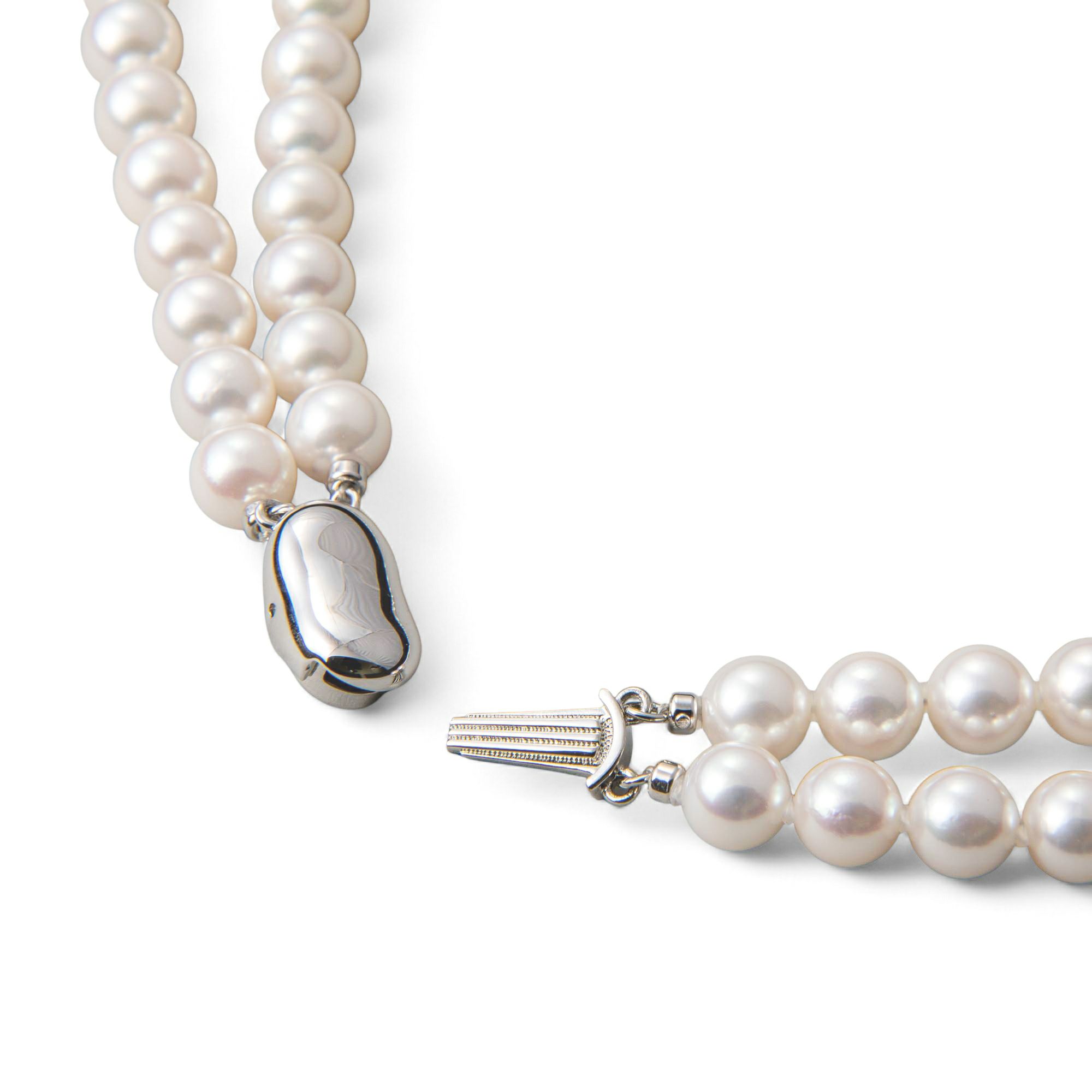 あこや本真珠 2連パールネックレス パールホワイト系 7.0-7.5mm [60cmロング] AAB ラウンド ビーンズクラスプ（silver）[n2]（アコヤ本真珠 入学式　結婚式 パーティ フォーマル）