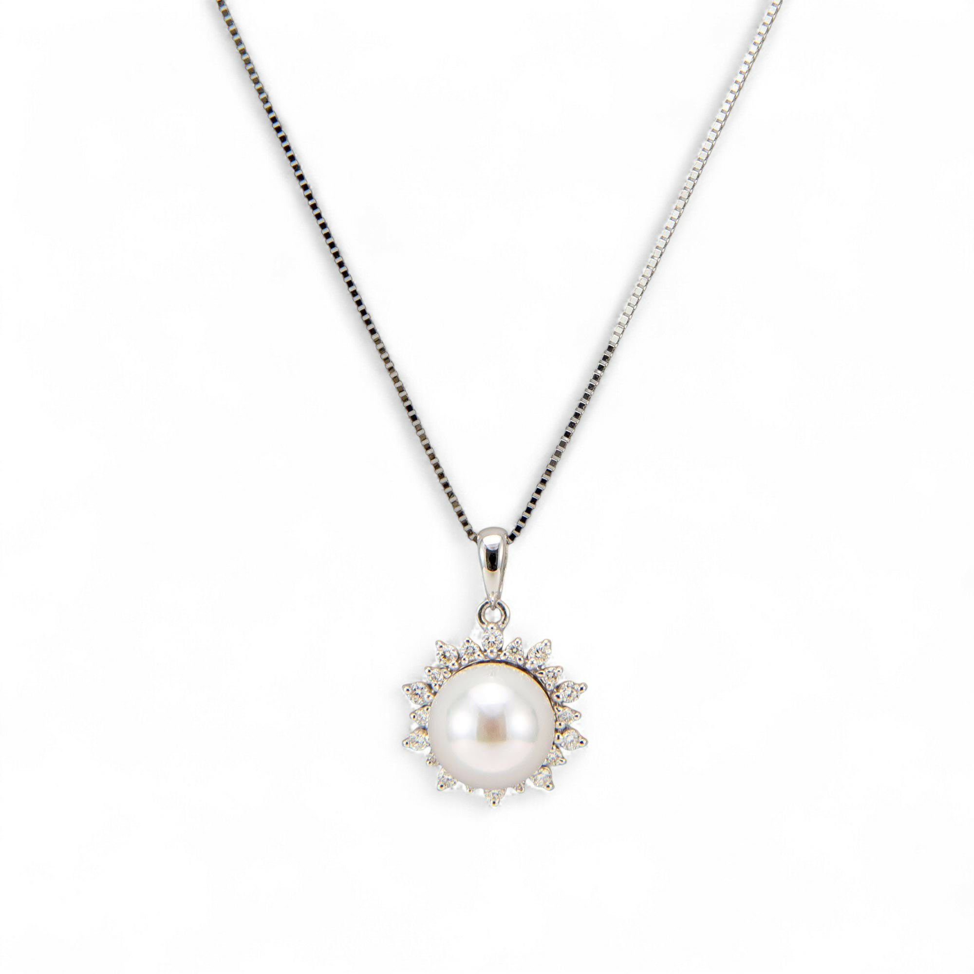 オーロラ花珠真珠 鑑別書付 ダイヤで囲んだ パールペンダント（45cmスライドチェーン付）  7.5-8.0mm AAA K18WG ホワイトゴールド 0.15ct [n3][高品質 プレミアム]