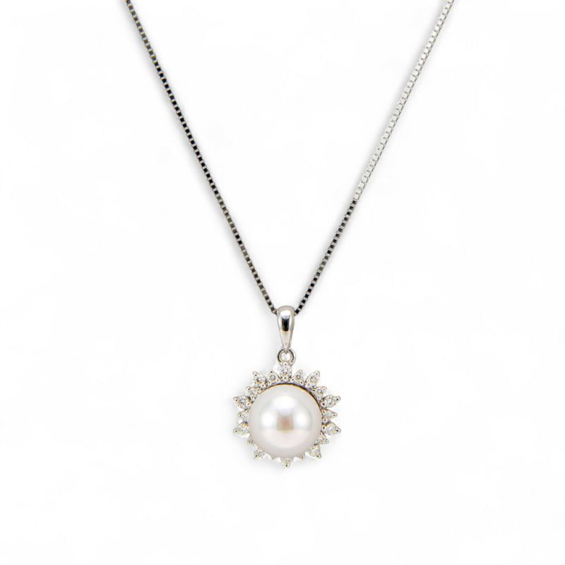 オーロラ花珠真珠 鑑別書付 ダイヤで囲んだ パールペンダント（45cmスライドチェーン付）  7.5-8.0mm AAA K18WG ホワイトゴールド 0.15ct [n3][高品質 プレミアム]