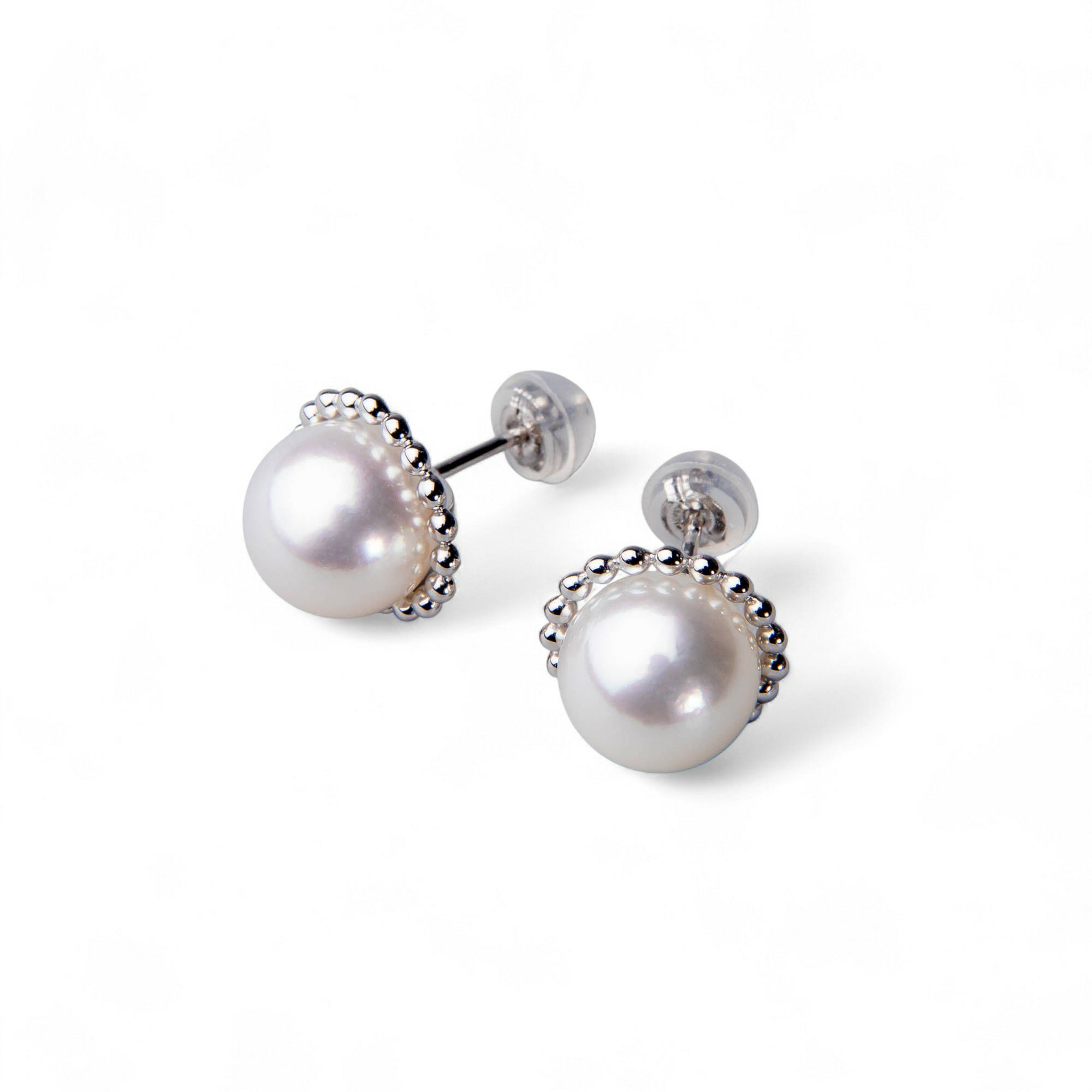 あこや真珠 無調色 9.0-9.5mm 取り巻きデザインピアス K18WG/K18YG