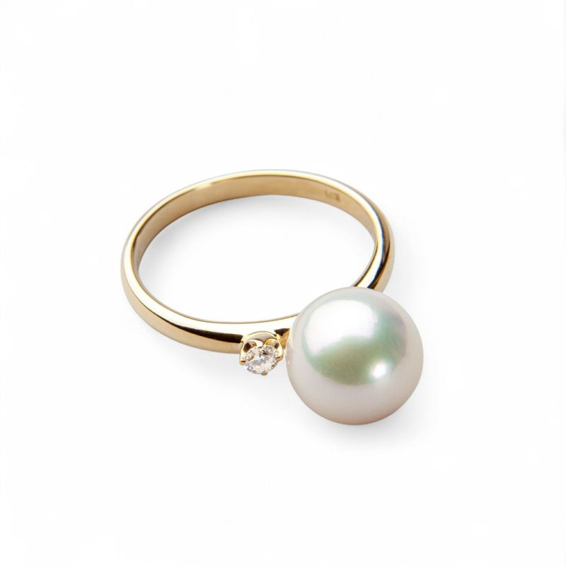 あこや真珠 9.0-9.5mm ダイヤ1石 パールリング 9.0mmUP AAB K18 0.05ct