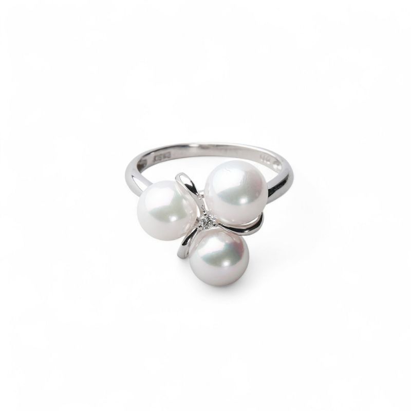 あこや真珠 3粒 ダイヤリング 6.5-7.0mm D0.02 K18WG