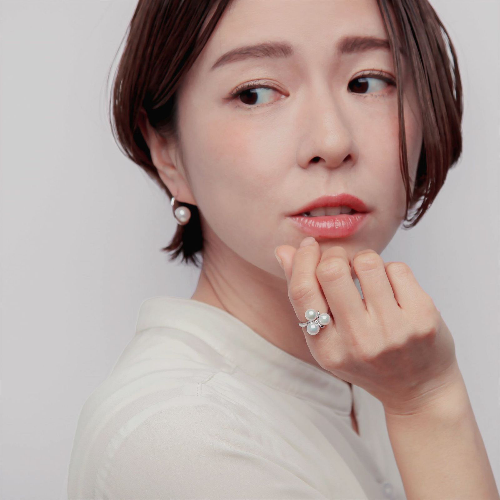 あこや真珠 3粒 ダイヤリング 6.5-7.0mm D0.02 K18WG