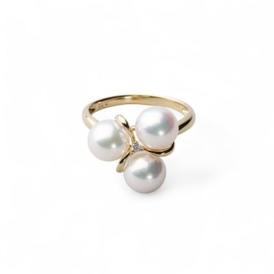 あこや真珠 3粒 ダイヤリング 6.5-7.0mm D0.02 K18YG