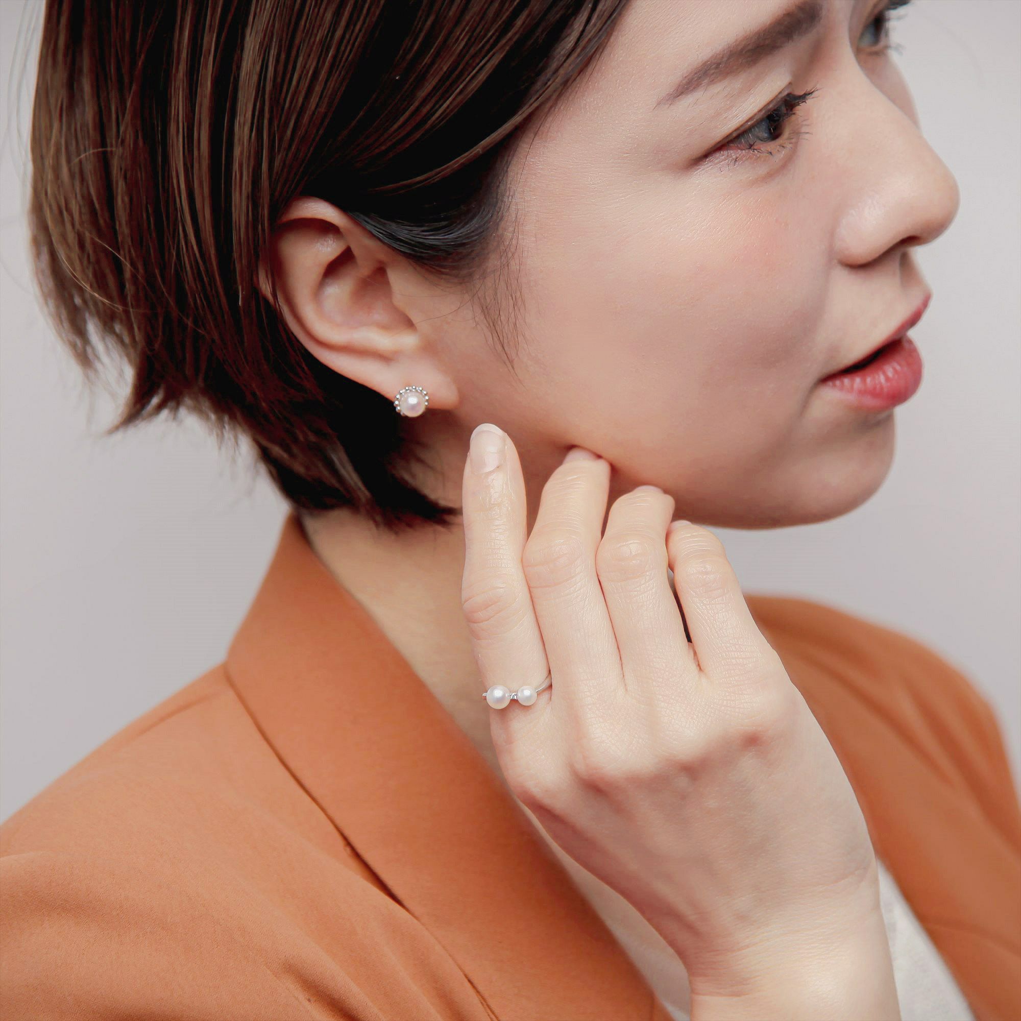 あこや真珠 2粒 カーブリング 4.5-5.0/5.5-6.0mm D0.01 K18WG