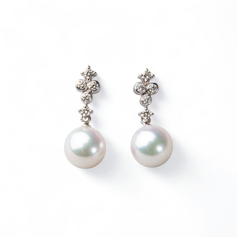 オーロラ花珠真珠 鑑別書付 5粒ダイヤ パールピアス 7.5-8.0mm K18WG/YG