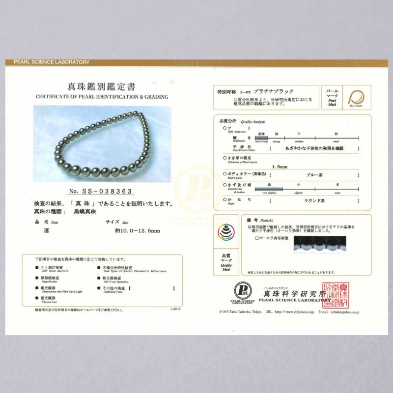 タヒチ黒蝶真珠 ネックレス10.0-12.5mm オーロラプラチナブラック 