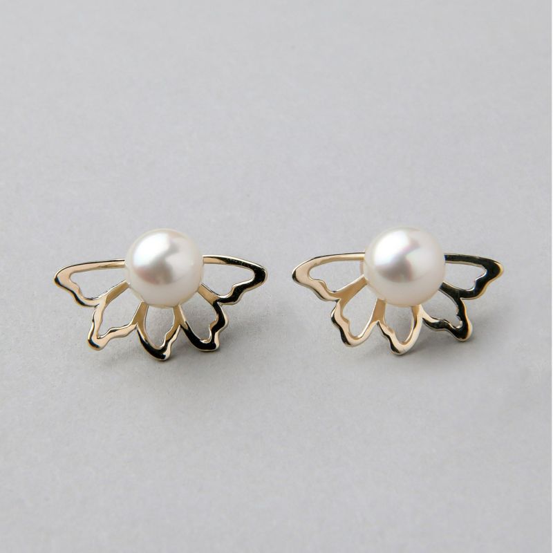あこや真珠 花びらチャームピアス　7.5-8.0mm K10YG