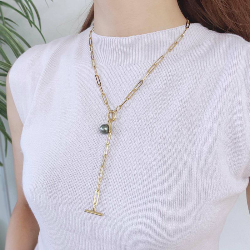 【WEB限定】Tahitian+ タヒチ黒蝶真珠 チェーンネックレス　11mmUP SUS304 GP