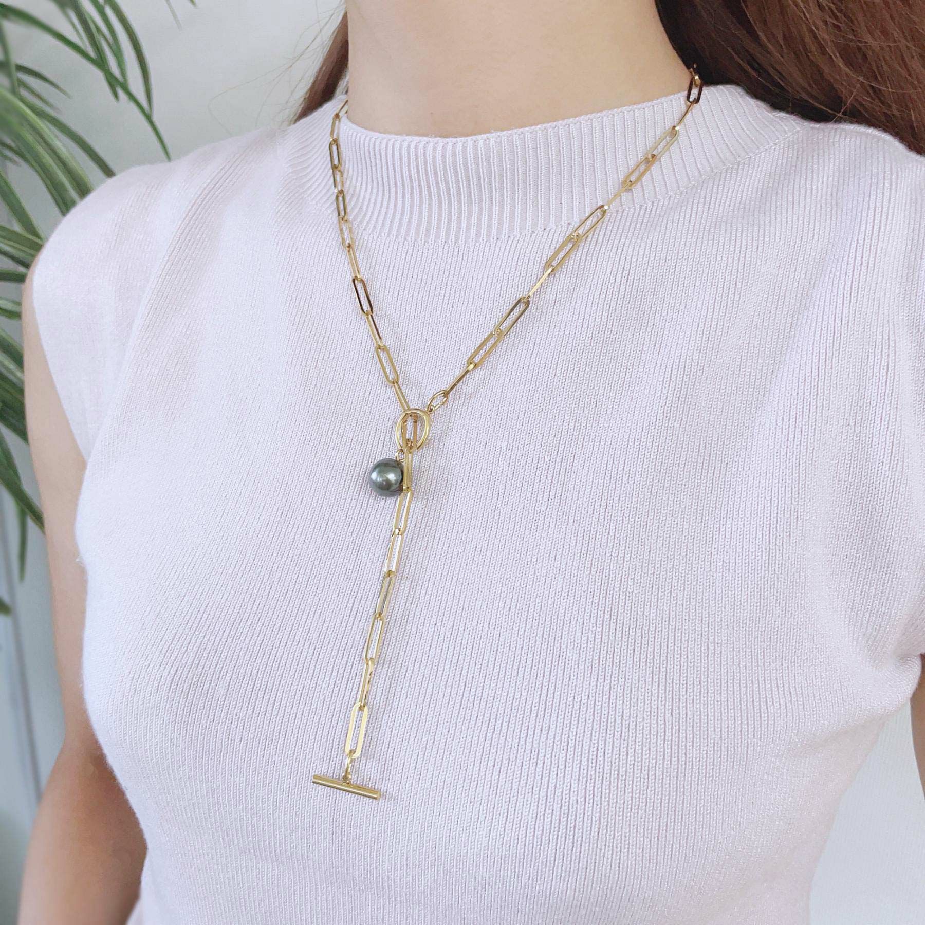 【WEB限定】Tahitian+ タヒチ黒蝶真珠 チェーンネックレス　11mmUP SUS304 GP