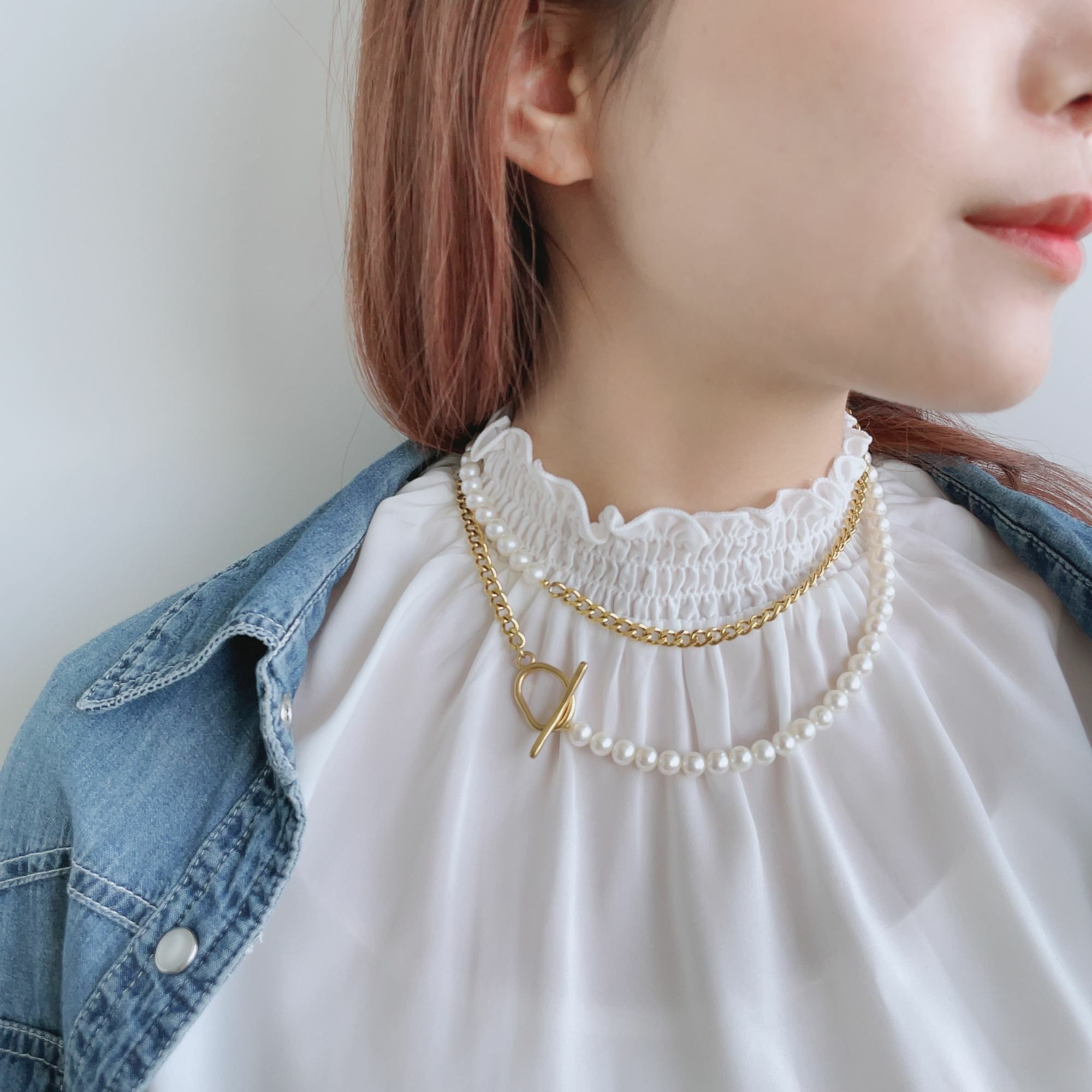 淡水真珠 ハーフチェーン ロングネックレス　6.5-7.0mm SUS316L GP キヘイ