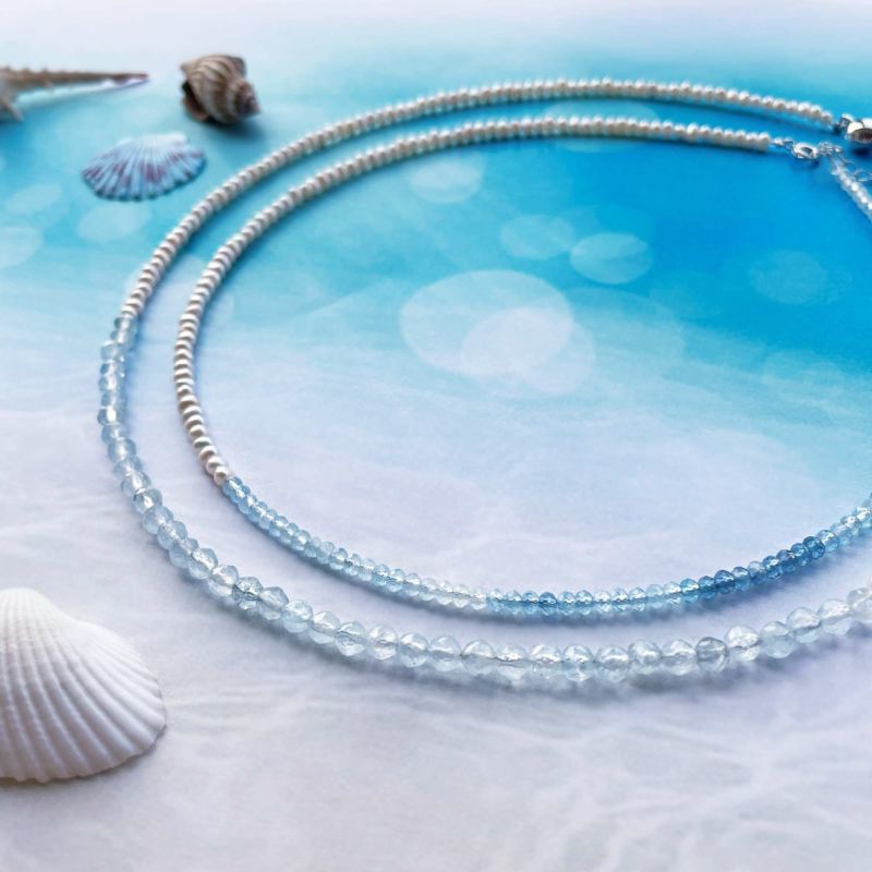 淡水真珠×アクアマリン ネックレス　2.5-3.2mm ハーフ