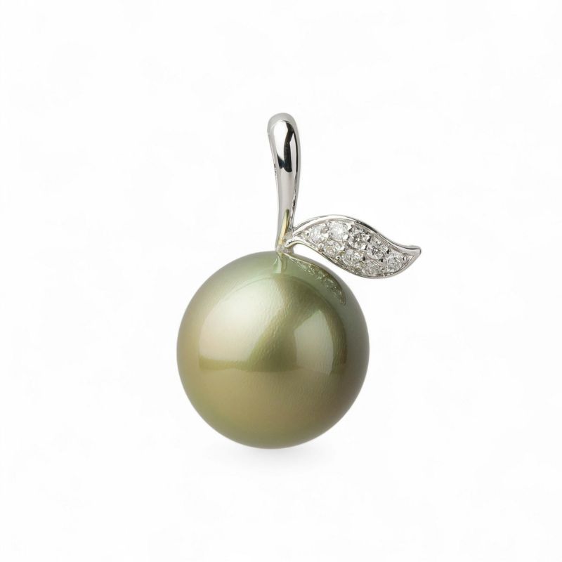 Pistachio タヒチ黒蝶真珠 ペンダントトップ　14mmUP K18WG 　リンゴ