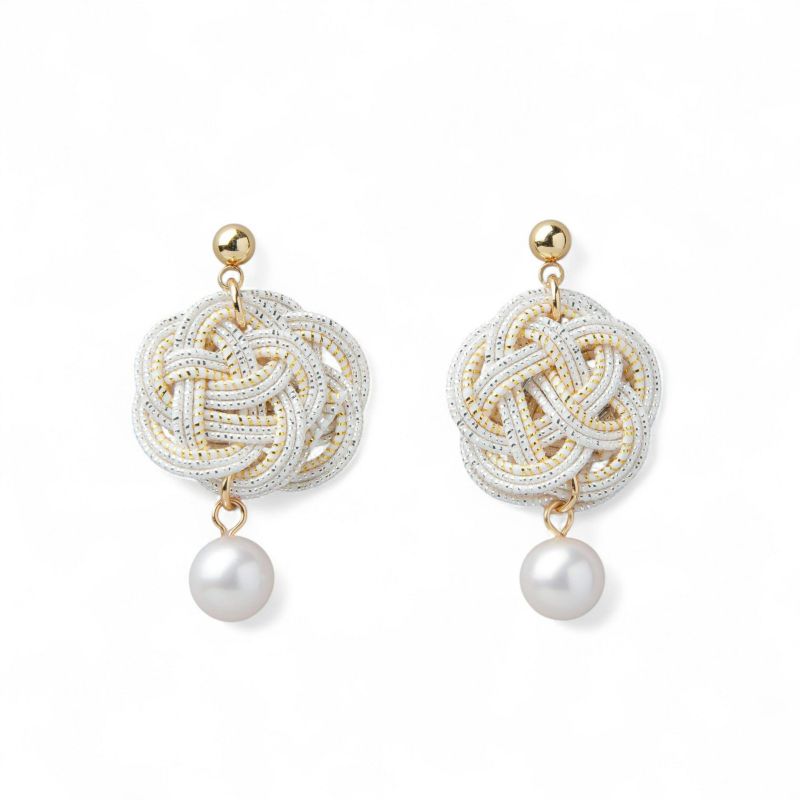 あこや真珠 水引 ピアス7.5-8.0mm SUS316L GP　白×金