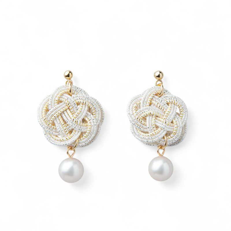 あこや真珠 水引 イヤリング7.5-8.0mm SUS316L GP　白×金