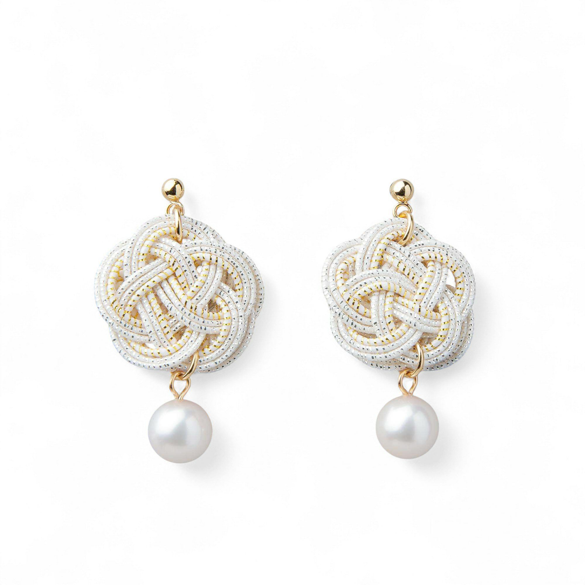 あこや真珠 水引 イヤリング7.5-8.0mm SUS316L GP　白×金