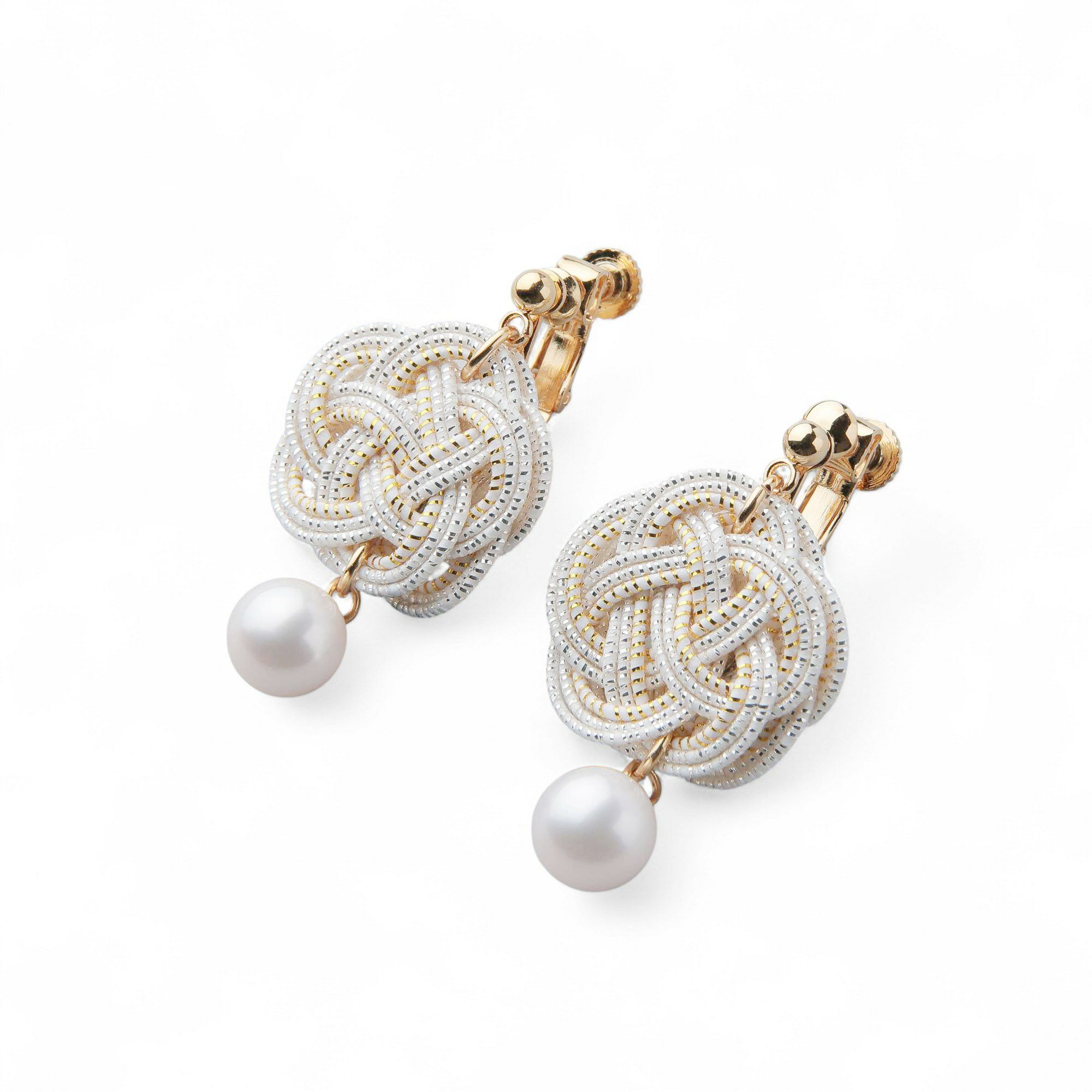 あこや真珠 水引 イヤリング7.5-8.0mm SUS316L GP　白×金