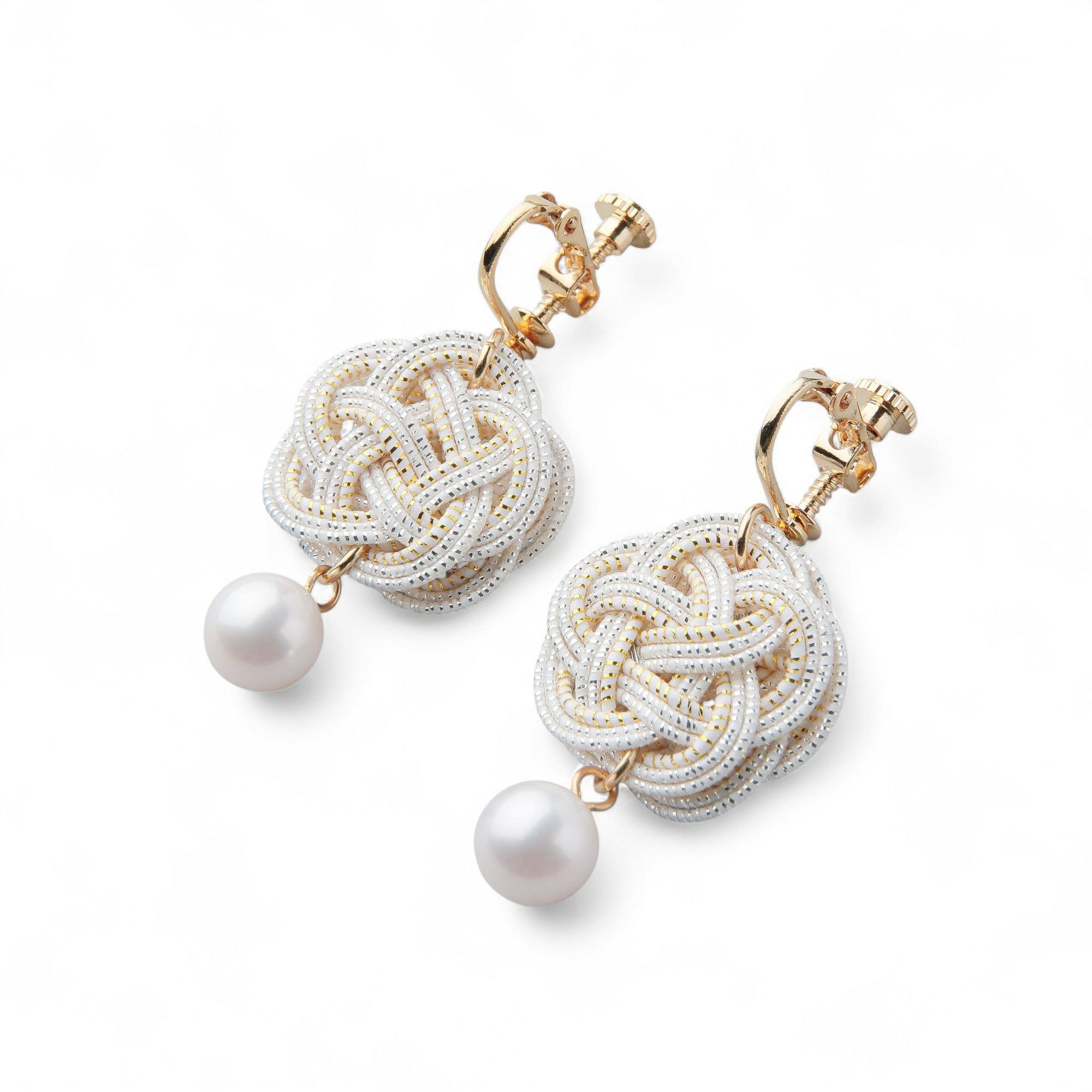 あこや真珠 水引 イヤリング7.5-8.0mm SUS316L GP　白×金