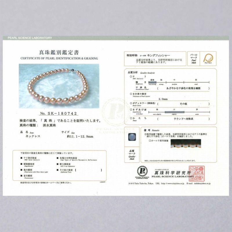 淡水真珠 (有核) ネックレス　11.1-12.9mm キングフィッシャー鑑別 -Mauvette-