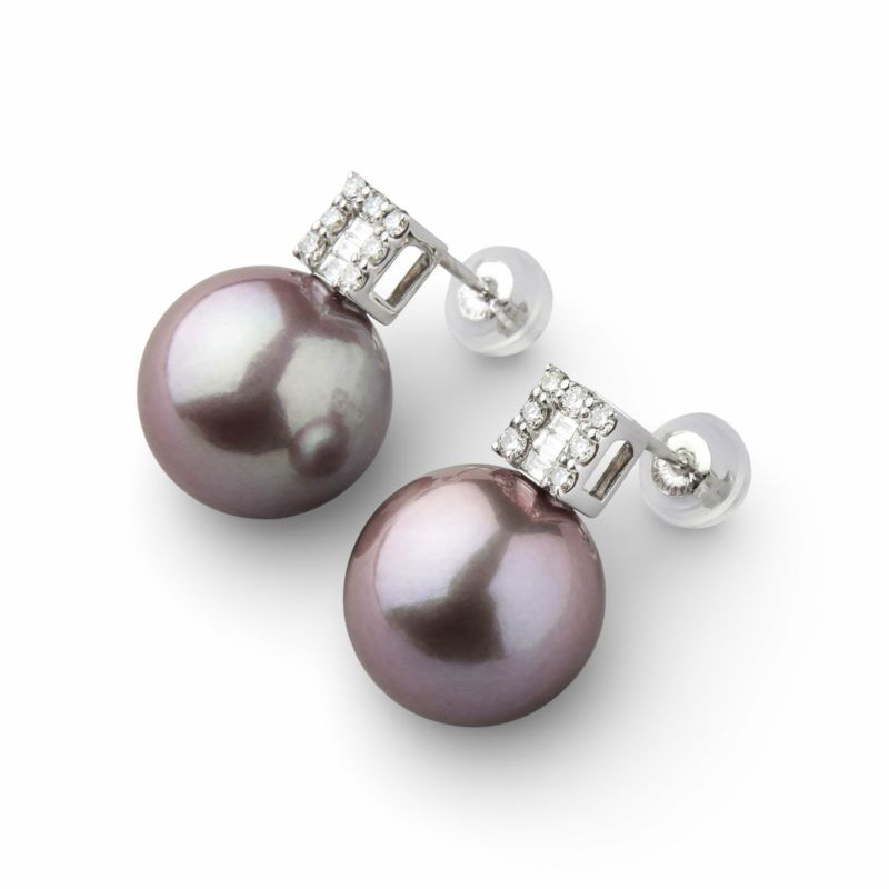 Mauvette 淡水真珠 ピアス12mm K18WG スクエアダイヤ