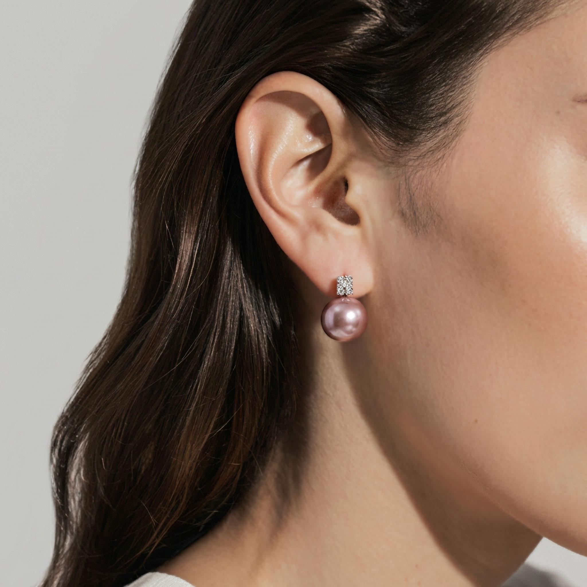 Mauvette 淡水真珠 ピアス12mm K18WG スクエアダイヤ