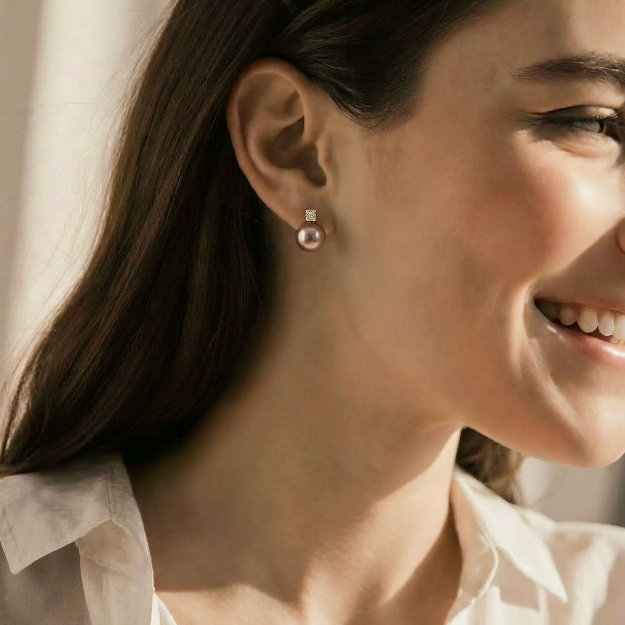 Mauvette 淡水真珠 ピアス12mm K18YG スクエアダイヤ