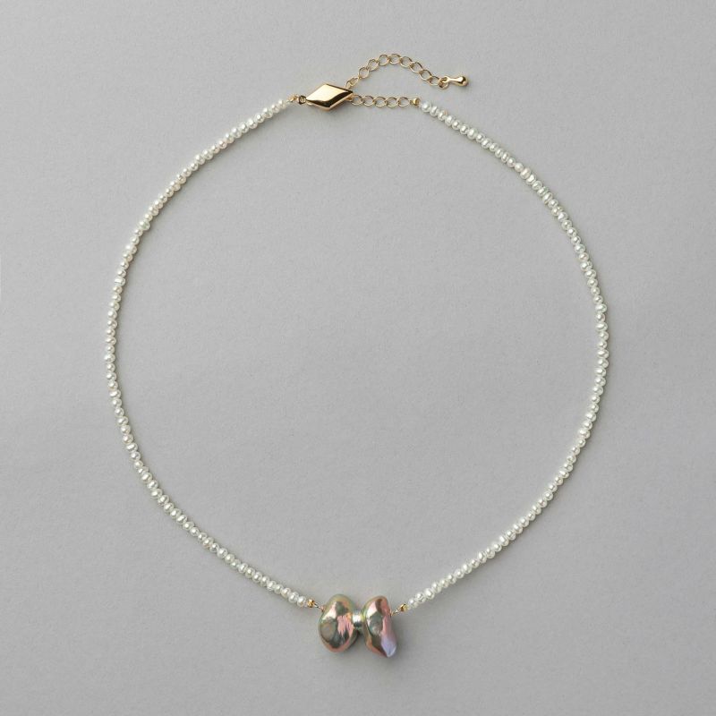 Unique fun! 淡水ケシ真珠 チョーカー/ネックレス　13-14mm / 2.0-2.5mm リボン バロック